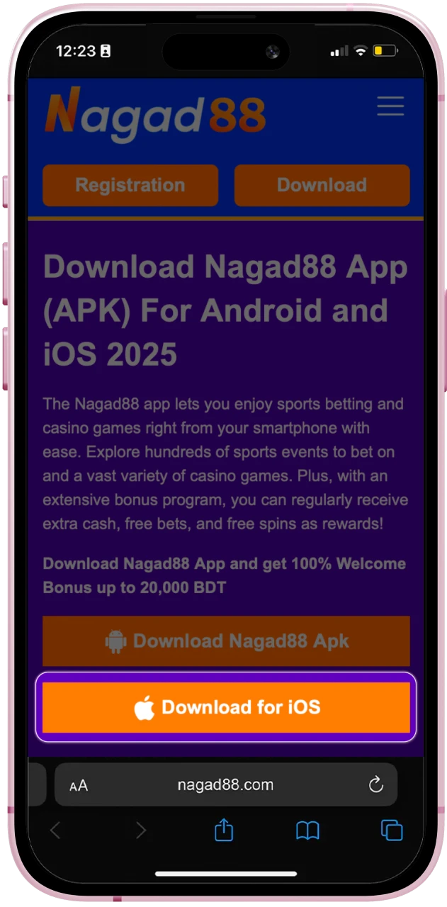 Go to the Nagad88 online casino website and install the application on your iOS phone.