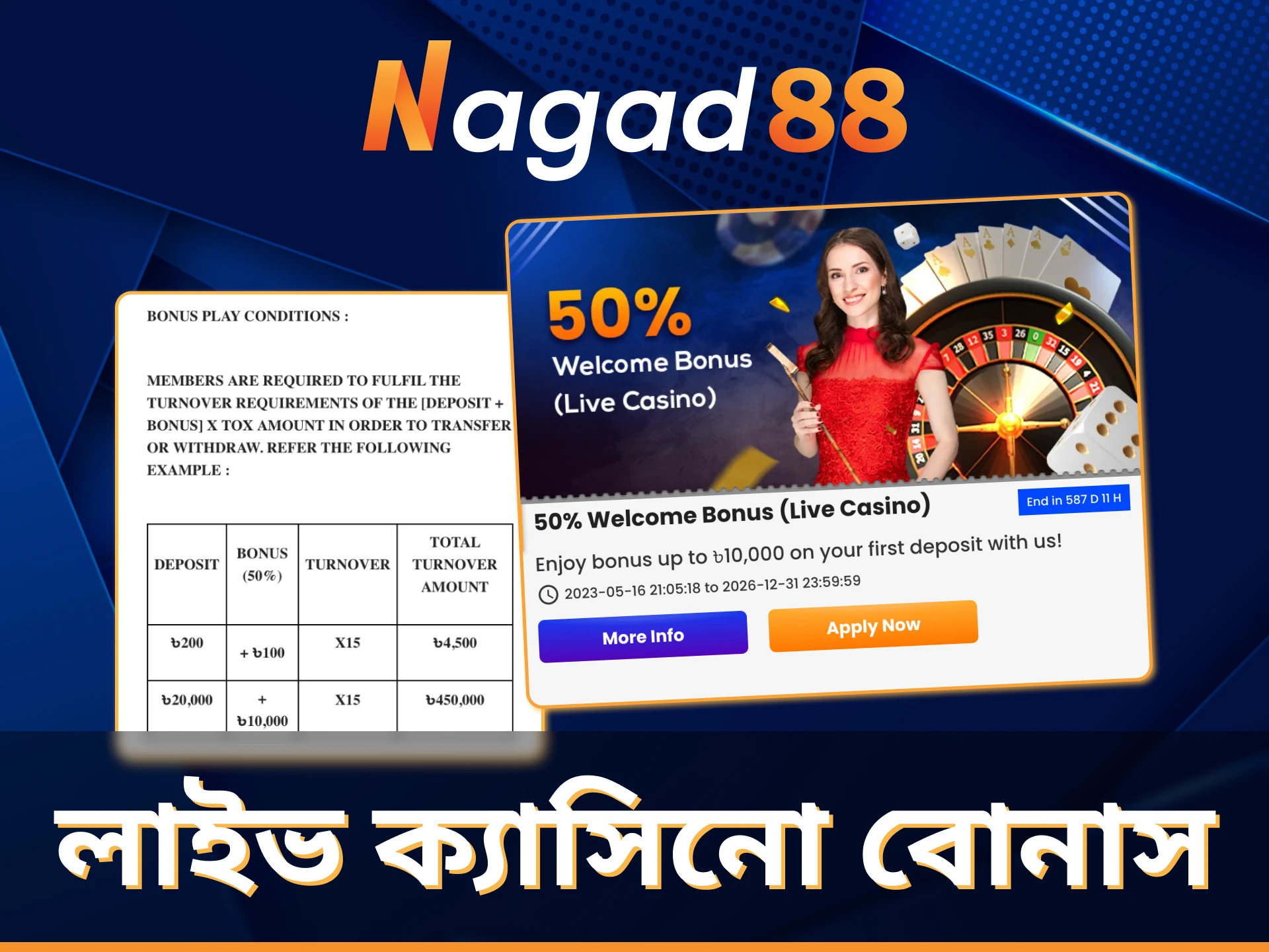 Nagad88 অ্যাপে লাইভ ক্যাসিনো বোনাস ব্যবহার করে দেখুন।